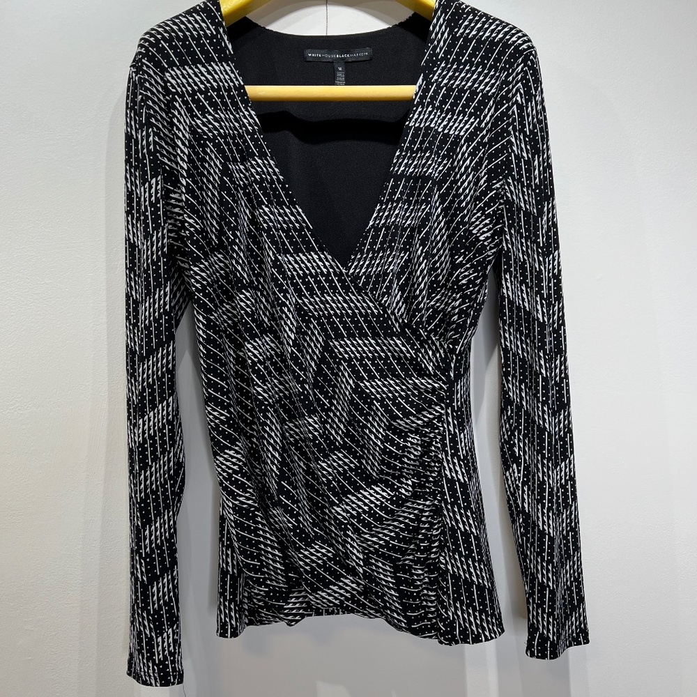 White House Black Market black & white long sleeve wrap top size M